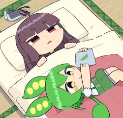 Rule 34 | 2girls, :/, blunt bangs, blush stickers, brown hair, chibi, from above, frown, futon, hair down, half-closed eyes, highres, holding, holding tablet pc, konohoshi, long hair, looking at screen, lying, lying on person, multiple girls, on back, on floor, outstretched arms, puffy shorts, purple shorts, red eyes, shirt, short sleeves, shorts, suspender shorts, suspenders, tablet pc, tatami, touhoku kiritan, under covers, unworn headgear, v-shaped eyebrows, voiceroid, voicevox, white shirt, yellow eyes, zundamon