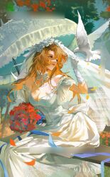 Rule 34 | 1girl, absurdres, bead necklace, beads, bench, bird, blue eyes, blue ribbon, blurry, bouquet, breasts, bridal veil, bride, choker, cleavage, day, dove, dress, feet out of frame, flower, gloves, hand up, head tilt, highres, holding, holding bouquet, jewelry, kudou yukiko, light brown hair, long hair, looking at animal, looking away, looking to the side, medium breasts, meitantei conan, miujiii, necklace, off shoulder, outdoors, parasol, petals, red flower, ribbon, sitting, smile, solo, umbrella, veil, wedding dress, white dress, white gloves