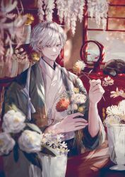 Rule 34 | 1boy, bishounen, blurry, chrysanthemum, cowboy shot, daisy, earrings, flower, hanamori (aohi 2wa), hand up, highres, holding, holding flower, japanese clothes, jewelry, koi, light rays, long sleeves, looking at viewer, male focus, original, short hair, solo, white flower, white hair, wisteria