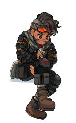 1boy, apex legends, black eyes, black hair, boots, brown footwear, drawing, facial hair, goggles, goggles on head, grey scarf, highres, holding, holding leg, holding marker, husagin, knee pads, looking down, male focus, marker, mirage (apex legends), scarf, sitting, solo, stubble, tongue, tongue out, white background