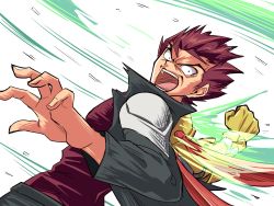 Rule 34 | 1boy, absurdres, brown hair, cougar (cougar1404), gloves, highres, kazuma (scryed), looking at viewer, male focus, open mouth, power fist, red hair, scryed, shirt, simple background, solo, spiked hair, white background