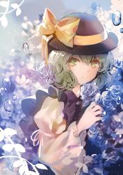 Rule 34 | 1girl, black hat, blue flower, blue rose, bow, commentary request, flower, frilled shirt collar, frills, green eyes, green hair, hair between eyes, hat, hat bow, juliet sleeves, kita (kitairoha), komeiji koishi, light particles, long sleeves, looking at viewer, puffy sleeves, rose, shirt, short hair, solo, touhou, upper body, water, wide sleeves, yellow bow, yellow shirt