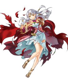 Rule 34 | 1girl, cape, circlet, clenched teeth, dress, fire emblem, fire emblem: radiant dawn, fire emblem heroes, full body, grey background, highres, kita senri, long hair, micaiah (fire emblem), nintendo, non-web source, official art, sandals, solo, teeth, torn cape, torn clothes, torn dress, transparent background, white hair, yellow eyes
