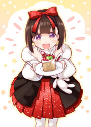 Rule 34 | 1girl, :d, bare shoulders, black hair, blush, bow, commentary request, dress, eyebrows hidden by hair, food, food in mouth, fork, fruit, girls&#039; frontline, hair bow, harada (sansei rain), highres, holding, holding fork, holding plate, looking at viewer, m99 (girls&#039; frontline), m99 (white rabbit summer banquet) (girls&#039; frontline), official alternate costume, open mouth, pantyhose, plate, pleated dress, purple eyes, red bow, red dress, smile, solo, standing, strapless, strapless dress, strawberry, white pantyhose