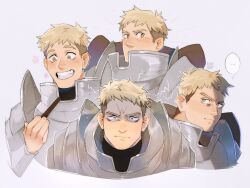 Rule 34 | ..., 1boy, armor, artist name, blonde hair, blush, closed mouth, commentary, constricted pupils, dungeon meshi, english commentary, grin, happy aura, highres, laios touden, looking at viewer, male focus, multiple views, partially shaded face, pauldrons, purple background, rorokonaa, shaded face, short hair, shoulder armor, simple background, smile, spoken ellipsis, undercut, upper body, very short hair, yellow eyes