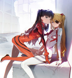 Rule 34 | 2girls, arm support, ass, black hair, blue eyes, bodysuit, breasts, closed mouth, cosplay, covered navel, crossover, earrings, evangelion: 3.0+1.0 thrice upon a time, fate/stay night, fate (series), female focus, foot out of frame, hair ornament, hairpods, highres, jewelry, leaning forward, light brown hair, long hair, looking at viewer, multiple girls, neon genesis evangelion, on one knee, plugsuit, rebuild of evangelion, red bodysuit, siino, sitting, small breasts, souryuu asuka langley, souryuu asuka langley (cosplay), tight clothes, tohsaka rin, trait connection, tsundere, twintails, twitter username, two side up, very long hair, white bodysuit, wide hips