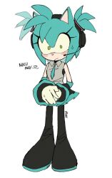 Rule 34 | 1girl, amy rose, animal ears, animal nose, black footwear, blush, boots, character name, closed mouth, collared shirt, commentary, cosplay, detached sleeves, dexter308917, full body, furry, furry female, gloves, green eyes, grey shirt, hashtag-only commentary, hatsune miku, hatsune miku (cosplay), headphones, looking at viewer, own hands together, shirt, simple background, solo, sonic (series), standing, twintails, vocaloid, white background, white gloves