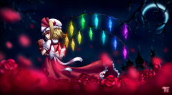 Rule 34 | 1girl, bear, blonde hair, blush, branch, crescent moon, hugging doll, dress, fang, flandre scarlet, flower, frills, from behind, hat, hat ribbon, light smile, looking at viewer, looking back, mob cap, moon, night, hugging object, petals, puffy short sleeves, puffy sleeves, red dress, red eyes, ribbon, rose, rose petals, shirt, short hair, short sleeves, side ponytail, smile, solo, stuffed animal, stuffed toy, tie (yutie1990), touhou, vest, wings, yutie1990