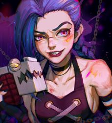 Rule 34 | 1girl, arcane: league of legends, arcane jinx, bare shoulders, black background, black choker, black gloves, black nails, braid, breasts, chain, choker, collarbone, destincelly, explosive, fang, fingerless gloves, gloves, grenade, grin, highres, holding, holding grenade, jinx (league of legends), league of legends, long hair, looking at viewer, medium breasts, nail polish, pink background, pink eyes, purple hair, red lips, smile, solo, teeth, twin braids, upper body