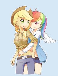 Rule 34 | 2girls, alternate hairstyle, applejack, bad id, bad pixiv id, blue background, breasts, cleavage, hat, highres, hug, hug from behind, long hair, midriff, multiple girls, my little pony, my little pony: friendship is magic, personification, ponytail, rainbow dash, simple background, sunyukun, wings, yuri