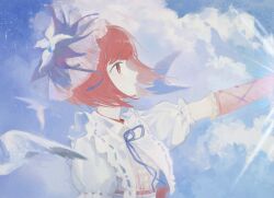 Rule 34 | 1girl, absurdres, arima kana, bird wings, blue sky, cloud, cloudy sky, hat, highres, ivuneuuuuuuuu, lace, looking to the side, open mouth, oshi no ko, red eyes, red hair, shirt, short hair, sky, unhappy, upper body, white shirt, wings
