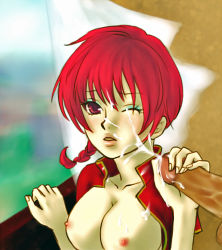 Rule 34 | 1girl, braid, breasts, chinese clothes, cum, ejaculation, fellatio, gender request, genderswap, handjob, nipples, open clothes, open shirt, oral, penis, ranma-chan, ranma 1/2, red eyes, red hair, saotome ranma, shirt, single braid, tangzhuang, uncensored, wince, yuki-f15