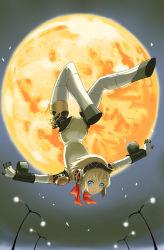 Rule 34 | 1girl, aegis (persona), android, arched back, ass, atlus, azuma reiji, backflip, blonde hair, blue eyes, cyborg, full moon, jumping, lamppost, moon, persona, persona 3, petals, solo, upside-down
