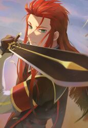 Rule 34 | 1boy, asch (tales), black gloves, black jacket, blurry, blurry background, blurry foreground, closed mouth, cloud, cloudy sky, foreshortening, gloves, green eyes, hair pulled back, high collar, highres, holding, holding sword, holding weapon, jacket, long hair, long sleeves, looking at viewer, male focus, meba, military uniform, outdoors, red hair, serious, shoulder pads, sidelocks, sky, solo, spiked hair, sword, tabard, tales of (series), tales of the abyss, uniform, upper body, weapon