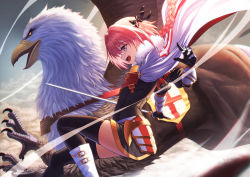 Rule 34 | 1boy, absurdres, astolfo (fate), black bow, black thighhighs, boots, bow, braid, cape, cloud, cloudy sky, fang, fate/apocrypha, fate (series), from side, fur trim, gauntlets, hair bow, hair intakes, highres, hippogriff, holding, holding sword, holding weapon, long hair, male focus, midair, open mouth, pink hair, single braid, sion (9117), skin fang, sky, solo, sword, thighhighs, trap, weapon, white cape