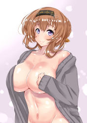 Rule 34 | 10s, 1girl, absurdres, alternate breast size, alternate costume, blue eyes, braid, breasts, brown hair, commentary, headband, highres, huge breasts, kantai collection, long sleeves, looking at viewer, navel, sankakusui, shiny skin, short hair, simple background, solo, teruzuki (kancolle)