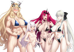 Rule 34 | 4girls, abs, absurdres, ao banana, bare shoulders, biceps, bikini, black bikini, black bow, blonde hair, blue bikini, blue eyes, blush, bow, braid, breasts, brown eyes, cleavage, closed eyes, collarbone, barghest (fate), melusine (fate), baobhan sith (fate), fangs, fate/grand order, fate (series), fingernails, forked eyebrows, french braid, green eyes, grey hair, hair bow, heterochromia, highres, horns, large breasts, long hair, looking at viewer, looking to the side, micro bikini, morgan le fay (fate), multiple girls, muscular, muscular female, nail polish, navel, open mouth, pink hair, pointy ears, ponytail, red eyes, red nails, sidelocks, simple background, small breasts, smile, string bikini, swimsuit, thighs, tiara, very long hair, white bikini, white hair