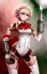 Rule 34 | 1girl, aegis (persona), android, atlus, blonde hair, blue eyes, hand on own hip, hip focus, joints, persona, persona 3, ribbon, robot joints, smoke, solo, tetsu (aurvandil)