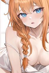 Rule 34 | 1girl, animal ear fluff, animal ears, blue archive, blue eyes, blush, braid, breasts, camisole, collarbone, cowboy shot, hair between eyes, highres, long hair, looking at viewer, mari (blue archive), medium breasts, open mouth, orange hair, ryouta (ryouta335), simple background, single braid, solo, white background, white camisole