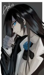 Rule 34 | 1girl, ado (utaite), black bow, black bowtie, black coat, black hair, black nails, blue eyes, blue flower, blue rose, border, bow, bowtie, chando (ado), character name, cloud nine inc, coat, collared shirt, commentary, dress shirt, earrings, flower, grey background, highres, jewelry, long hair, long sleeves, looking at viewer, nail polish, open clothes, open coat, outside border, party, rose, shirt, sidelocks, solo, upper body, utaite, white border, white shirt, yuuli-hr