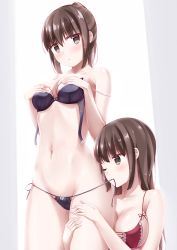 Rule 34 | 2girls, brown hair, clothes pull, covering privates, covering breasts, highres, in mouth, kamakama (kdmorh kamakama), long hair, multiple girls, one-piece swimsuit pull, ponytail, short hair, strap slip, string, thigh grab, yuri