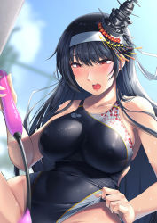 Rule 34 | 1girl, black hair, black one-piece swimsuit, blurry, blurry background, breasts, commentary request, commission, competition swimsuit, fusou (kancolle), hair ornament, hassen (8cm), highres, kantai collection, large breasts, long hair, one-piece swimsuit, out-of-frame censoring, red eyes, sex toy, skeb commission, solo, swimsuit, vibrator