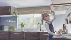 Rule 34 | 1girl, window blinds, blue eyes, commentary, cross hair ornament, day, english commentary, girls&#039; frontline, hair ornament, highres, indoors, kitchen knife, long hair, long sleeves, morning, pink hair, plant, potted plant, reaching, scenery, shirt, solo, spatula, st ar-15 (girls&#039; frontline), standing, sunlight, tacshojosora, text focus, white shirt, wing collar
