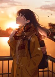 Rule 34 | 1girl, absurdres, blurry, blurry background, brown coat, brown eyes, brown hair, coat, dusk, earphones, floating hair, hair between eyes, hand in pocket, highres, lens flare, long hair, long sleeves, looking up, mele ck, open clothes, open coat, original, outdoors, parted lips, scarf, solo, standing, straight hair, winter clothes, winter coat