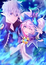 Rule 34 | 1boy, 1girl, ;d, ascot, bad id, bad pixiv id, bishounen, blue eyes, blue hair, blue theme, buckle, chiliarch (elsword), ciel (elsword), coat, crown, dreadlord (elsword), elsword, hair ornament, hairclip, highres, hood, horns, lium, long hair, looking at viewer, luciela r. sourcream, mini crown, multicolored hair, one eye closed, open mouth, pale skin, pointy ears, smile, streaked hair, twintails, two-tone hair, v, white hair