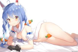 Rule 34 | 1girl, :3, ahoge, animal ear fluff, animal ears, areola slip, babydoll, barefoot, bed sheet, black gloves, blue hair, blush, bottomless, braid, breasts, carrot, carrot hair ornament, chintora0201, closed mouth, commentary, detached sleeves, don-chan (usada pekora), food-themed hair ornament, fur scarf, fur trim, gloves, groin, hair ornament, heart, heart in eye, highres, hololive, looking at viewer, lying, medium breasts, mole, mole on breast, multicolored hair, navel, nipple slip, nipples, on side, rabbit ears, rabbit girl, rabbit tail, scarf, short eyebrows, short sleeves, simple background, solo, stomach, swimsuit, symbol in eye, thick eyebrows, twin braids, twintails, two-tone hair, usada pekora, usada pekora (1st costume), virtual youtuber, white background, white hair, white scarf, yellow eyes