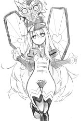 Rule 34 | 1girl, boots, c-string, cosplay, expressionless, greyscale, hat, hata no kokoro, heart, heart-shaped pupils, heart maebari, hip focus, jakuzure nonon, jakuzure nonon (cosplay), kill la kill, kotomuke fuurin, long hair, looking at viewer, maebari, mask, monochrome, navel, nintendo, revealing clothes, shako cap, simple background, sketch, solo, strapless bottom, symbol-shaped pupils, jakuzure nonon (symphony regalia), the legend of zelda, the legend of zelda: majora&#039;s mask, thigh boots, thigh gap, thighhighs, touhou, traditional media, white background