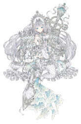 Rule 34 | 1girl, absurdres, blue eyes, blue gemstone, bow, bowtie, breasts, brooch, colored eyelashes, cross, cross earrings, dress, earrings, elbow gloves, full body, gem, gloves, grey hair, grey theme, hair intakes, highres, huge weapon, jewelry, long hair, looking at viewer, medium breasts, mermaid, monster girl, original, parted lips, short dress, simple background, sleeveless, sleeveless dress, smile, solo, sumisu (rinsumi), sword, tail, tail bow, tail ornament, two-tone eyes, very long hair, weapon, white background, white bow, white bowtie, white dress, white gloves, white theme, yellow eyes