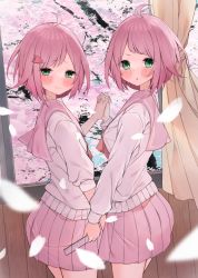 Rule 34 | 2girls, absurdres, ahoge, blurry, blurry foreground, blush, cherry blossoms, closed mouth, cowboy shot, eureka 814, green eyes, hair ornament, highres, holding hands, holding ruler, indoors, interlocked fingers, long sleeves, looking at viewer, multiple girls, original, parted lips, petals, pink hair, pink sailor collar, pink skirt, ruler, sailor collar, school uniform, serafuku, shirt, short hair, siblings, skirt, smile, tree, twins, v-shaped eyebrows, white shirt, window