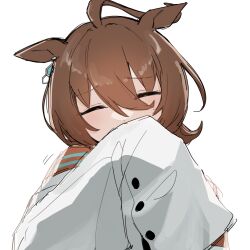 Rule 34 | 1girl, agnes tachyon (umamusume), ahoge, animal ears, blush, brown hair, chemical structure, closed eyes, coat, commentary request, covering own mouth, earrings, facing viewer, hair between eyes, highres, horse ears, horse girl, jewelry, lab coat, open clothes, open coat, quraqura nemii, short hair, simple background, single earring, sleeves past fingers, sleeves past wrists, solo, umamusume, upper body, very long sleeves, white background, white coat
