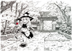 Rule 34 | 1girl, architecture, black hat, broom, east asian architecture, etogami kazuya, female focus, gate, hat, kirisame marisa, leaf, long hair, maple leaf, monochrome, nature, outdoors, scenery, solo, spot color, touhou, tree, witch, witch hat