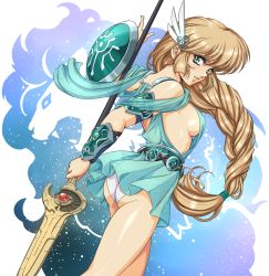 Rule 34 | 1girl, alternate costume, armor, ass, bare shoulders, blonde hair, braid, breasts, commentary, cosplay, crests (fire emblem), dress, fire emblem, fire emblem: three houses, green dress, green eyes, highres, holding, holding polearm, holding weapon, ingrid brandl galatea, lion, long hair, looking at viewer, looking back, luin (fire emblem), medium breasts, nintendo, panties, pantyshot, polearm, see-through, shield, short dress, sideboob, sirknightbot, solo, sophitia alexandra, sophitia alexandra (cosplay), soul calibur, soulcalibur, soulcalibur iv, spear, trait connection, underwear, upskirt, urushihara satoshi (style), vambraces, very long hair, weapon, white panties, wing hair ornament
