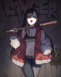 Rule 34 | 1girl, absurdres, asymmetrical bangs, asymmetrical clothes, baseball bat, belt, belt buckle, black choker, black hair, black pants, breasts, buckle, choker, cleavage, collarbone, commentary request, cowboy shot, fingernails, graffiti, hand in pocket, highres, holding, holding baseball bat, homong, jacket, large breasts, long fingernails, long hair, long sleeves, looking at viewer, nail polish, off shoulder, open clothes, open jacket, open mouth, original, pants, red eyes, red jacket, red nails, single bare shoulder, single pantsleg, solo, spiked choker, spikes, sports bra, v-shaped eyebrows, very long hair, wall