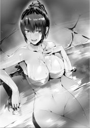 Rule 34 | 1girl, :d, breasts, female focus, greyscale, hair up, hand on own chest, highres, hisasi, large breasts, monochrome, monogusa neneko no taida na tanteichou, navel, nude, official art, onsen, open mouth, partially submerged, sideways glance, sitting, smile, smug, solo, water, wet, yomisaka neneko