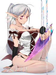 Rule 34 | 1girl, ankle lace-up, arm support, bad id, bad pixiv id, bare shoulders, barefoot, barefoot sandals (jewelry), breasts, cleavage, cross-laced footwear, dark-skinned female, dark elf, dark skin, elf, fingerless gloves, gloves, highres, jewelry, large breasts, long hair, miso ni, necklace, pointy ears, ponytail, purple eyes, silver hair, sitting
