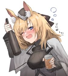 Rule 34 | 1girl, animal ear fluff, animal ears, arknights, black hat, blonde hair, blue eyes, blush, bottle, breasts, commentary request, cup, drunk, hat, highres, holding, holding bottle, holding cup, horn/wood, horse ears, horse girl, long hair, long sleeves, looking at viewer, one eye closed, open mouth, smile, solo, upper body, whislash (arknights)
