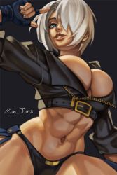 Rule 34 | 1girl, abs, absurdres, angel (kof), blue eyes, bra, breasts, bursting breasts, chaps, cropped jacket, fingerless gloves, gloves, hair over one eye, highres, jacket, large breasts, leather, leather jacket, midriff, muscular, muscular female, navel, obliques, parted lips, rim jims, seductive smile, smile, snk, the king of fighters, toned, underwear