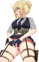 Rule 34 | 1girl, black vest, blonde hair, blush, braid, breasts, censored, clothes lift, commission, corset, female ejaculation, french braid, girls&#039; frontline, gloves, green eyes, half gloves, highres, holster, looking to the side, medium breasts, mosaic censoring, ndgd, open mouth, pinstripe pattern, pinstripe vest, pixiv commission, pussy, pussy juice, short hair, skindentation, skirt, skirt lift, sleeves rolled up, solo, striped clothes, striped vest, thigh holster, thighs, vertical-striped clothes, vertical-striped vest, vest, welrod mkii (girls&#039; frontline)
