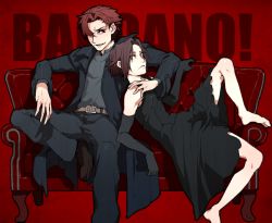 Rule 34 | 00s, 1boy, 1girl, baccano!, barefoot, black dress, black hair, chane laforet, claire stanfield, couch, dress, fley3black, red hair, short hair