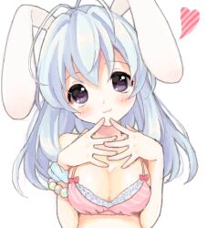 Rule 34 | 1girl, animal ears, antenna hair, bad drawr id, bad id, blue hair, blush, bow, bow bra, bra, breasts, character request, cleavage, copyright request, head tilt, heart, lace, lace-trimmed bra, lace trim, large breasts, light blue hair, long hair, looking at viewer, oekaki, pink bra, purple eyes, rabbit ears, simple background, smile, solo, underwear, upper body, usashiro mani, white background