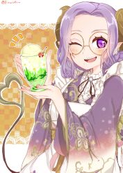 Rule 34 | 1girl, absurdres, apron, black ribbon, blue brooch, blush, brown horns, cherry, cocktail, commentary request, cup, demon girl, demon horns, demon tail, ear flower, food, frilled apron, frills, fruit, glasses, highres, holding, holding cup, horns, ice cream, japanese clothes, kimono, long hair, long sleeves, looking at viewer, melon soda, mita risuto, mole, mole under mouth, nanashi inc., neck ribbon, notice lines, one eye closed, open mouth, outline, purple eyes, purple hair, purple kimono, ribbon, round eyewear, saionji mary, smile, solo, tail, teeth, upper body, upper teeth only, virtual youtuber, white apron, white outline, wide sleeves, yellow-framed eyewear