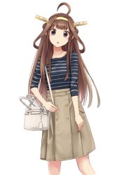 Rule 34 | 10s, 1girl, ahoge, alternate costume, azu (azusayumix), bag, blue eyes, brown hair, casual, contemporary, hairband, headgear, kantai collection, kongou (kancolle), kongou kai ni (kancolle), long hair, looking at viewer, open mouth, shirt, shoulder bag, simple background, skirt, solo, striped clothes, striped shirt, white background