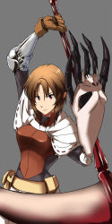 Rule 34 | 1girl, armor, brown hair, claws, grey background, highres, hiro (spectral force), maabou, pointy ears, red eyes, scythe, serious, short hair, single glove, solo, spectral (series), spectral force