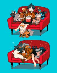 Rule 34 | 1boy, :t, barefoot, black hair, black shorts, blue background, blue eyes, brown hoodie, closed eyes, closed mouth, commentary request, couch, creatures (company), eevee, food, food on face, game freak, gen 1 pokemon, gen 3 pokemon, gen 4 pokemon, gen 7 pokemon, growlithe, hair between eyes, hood, hoodie, knees, male focus, multiple views, newo (shinra-p), nintendo, pokemon, pokemon (creature), poochyena, rockruff, shinx, shorts, simple background, sleeping, toes, zzz