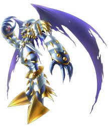 Rule 34 | armor, bandai, digimon, digimon story: cyber sleuth, dynasmon, fangs, full armor, horns, monster, no humans, official art, royal knights, simple background, solo, white armor, wings, yasuda suzuhito