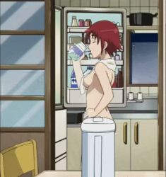 Rule 34 | 1girl, animated, animated gif, ass, b-gata h-kei, breasts, casual nudity, censored, censored nipples, convenient censoring, drinking, indoors, kosuda kazuki, large breasts, lowres, milk, nude, red hair, screencap, short hair, solo, standing, towel, towel around neck, towel over breasts